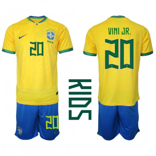 Otroški Nogometni dresi Brazilija Vinicius Junior #20 Domači SP 2022 Kratek Rokav (+ Kratke hlače)